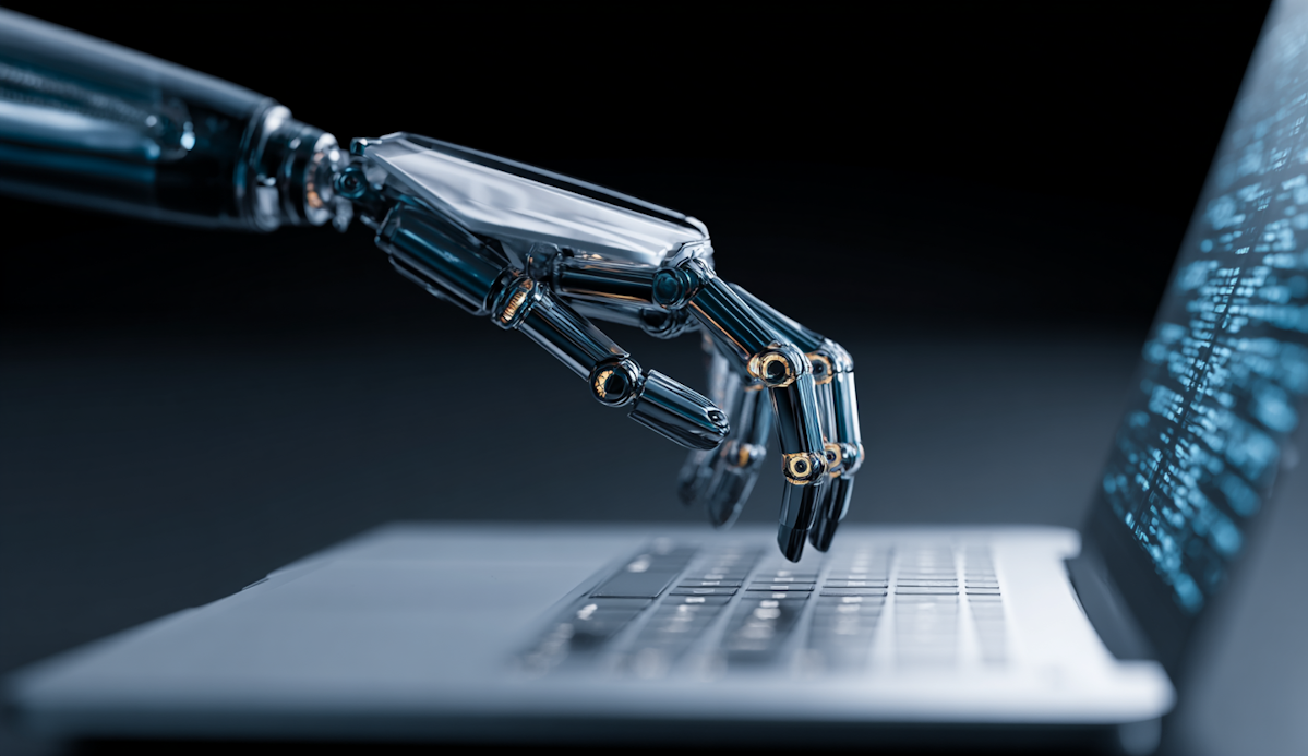 Robotic hand above a laptop used as an illustration of AI assistance