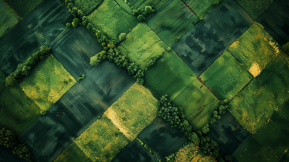 Aerial view of cultivated fields and tree lines