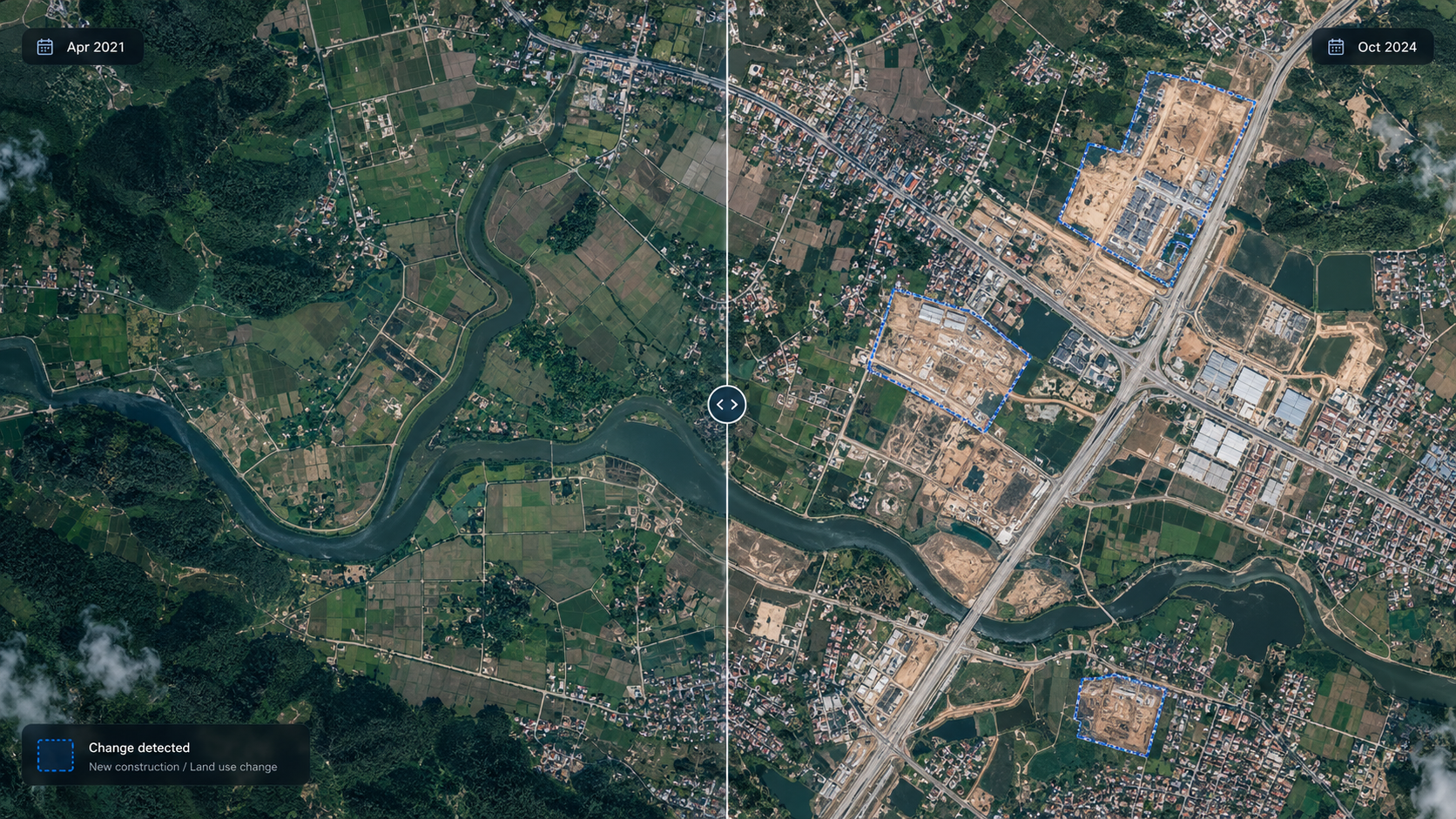 Satellite comparison showing land use and construction changes between 2021 and 2024