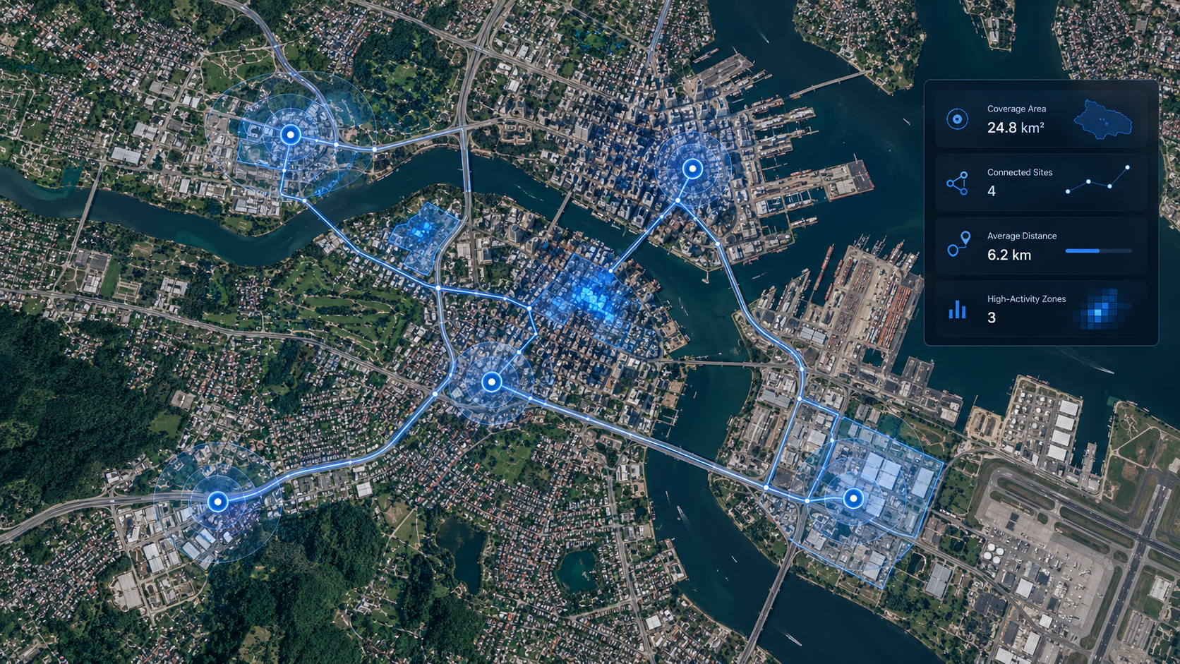 Urban satellite map with connected sites, coverage areas, and spatial analysis overlays