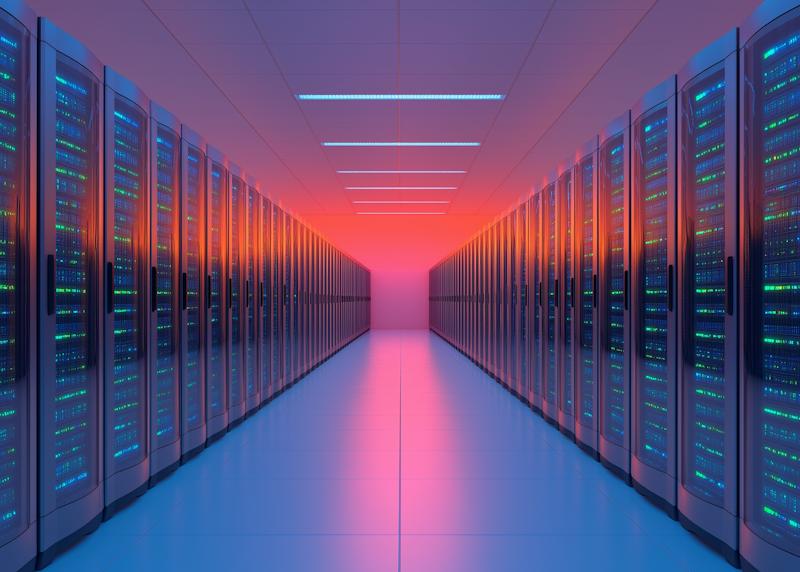 Illuminated data center corridor used as an illustration of digital infrastructure